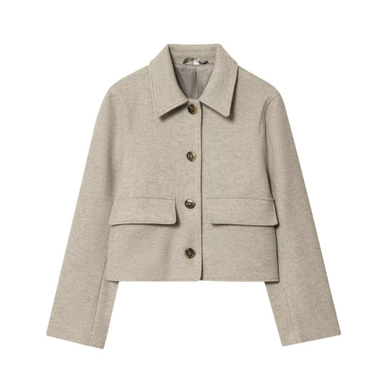 Damen Kurzjacke aus Wollmix mit Hemdkragen, aufgesetzten Pattentaschen und kastiger Cropped‑Silhouette Nord Taschen