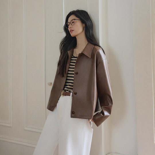 Damen Boxy-Lederoptik-Jacke mit Hemdkragen und Knopfleiste Nord Taschen
