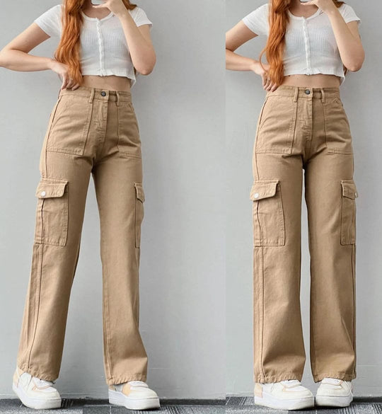 Damen High-Waist-Cargohose aus Twill mit aufgesetzten Klappentaschen und weitem Bein Nord Taschen