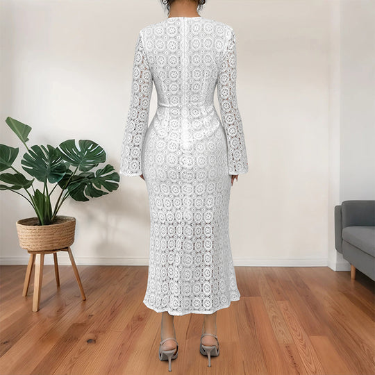 Damen Midikleid aus Häkelspitze mit taillierter Silhouette, Trompetenärmeln und ausgestelltem Saum Nord Taschen