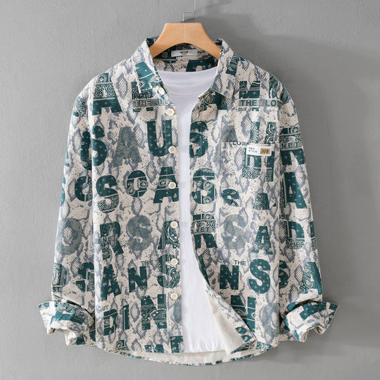 Herren Lockeres Hemdjacken-Overshirt mit Allover-Letterprint und Vintage‑Schlangenstruktur Nord Taschen