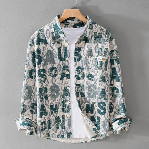 Herren Lockeres Hemdjacken-Overshirt mit Allover-Letterprint und Vintage‑Schlangenstruktur Nord Taschen