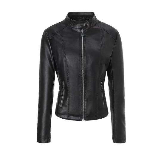 Damen Taillierte Lederjacke mit Stehkragen, vertikalen Ziernähten und Reißverschlusstaschen Nord Taschen