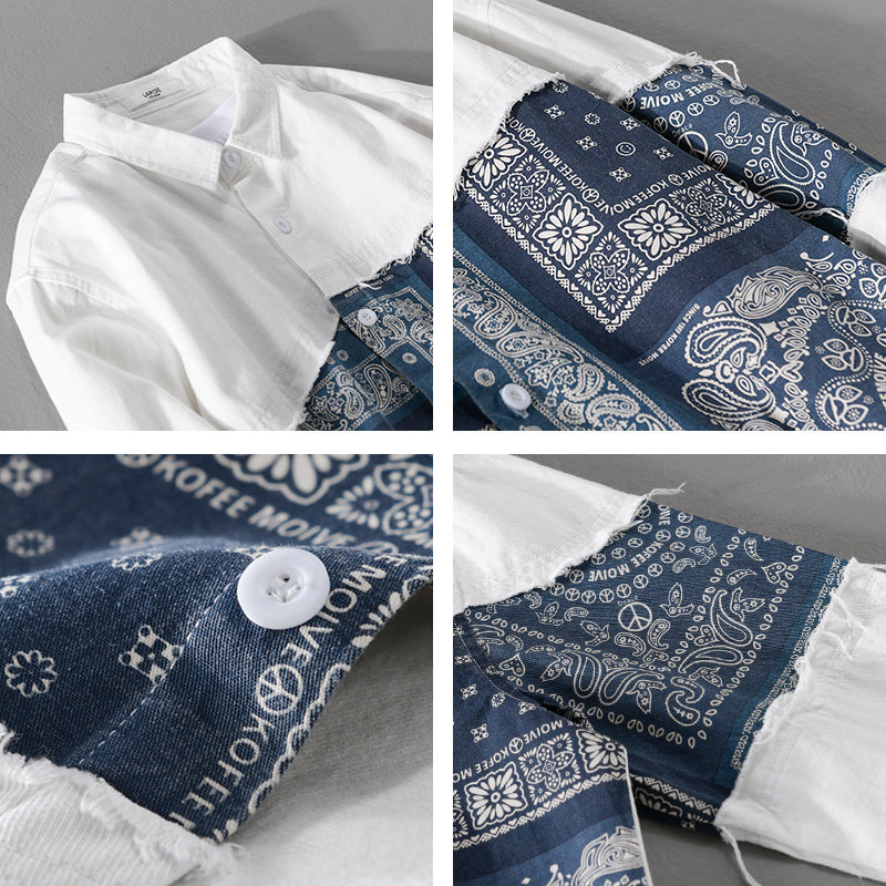 Herren Patchwork-Hemdjacke mit Bandana-Einsatz, rohen Kanten und weiter Passform Nord Taschen
