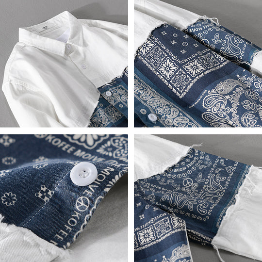 Herren Patchwork-Hemdjacke mit Bandana-Einsatz, rohen Kanten und weiter Passform Nord Taschen