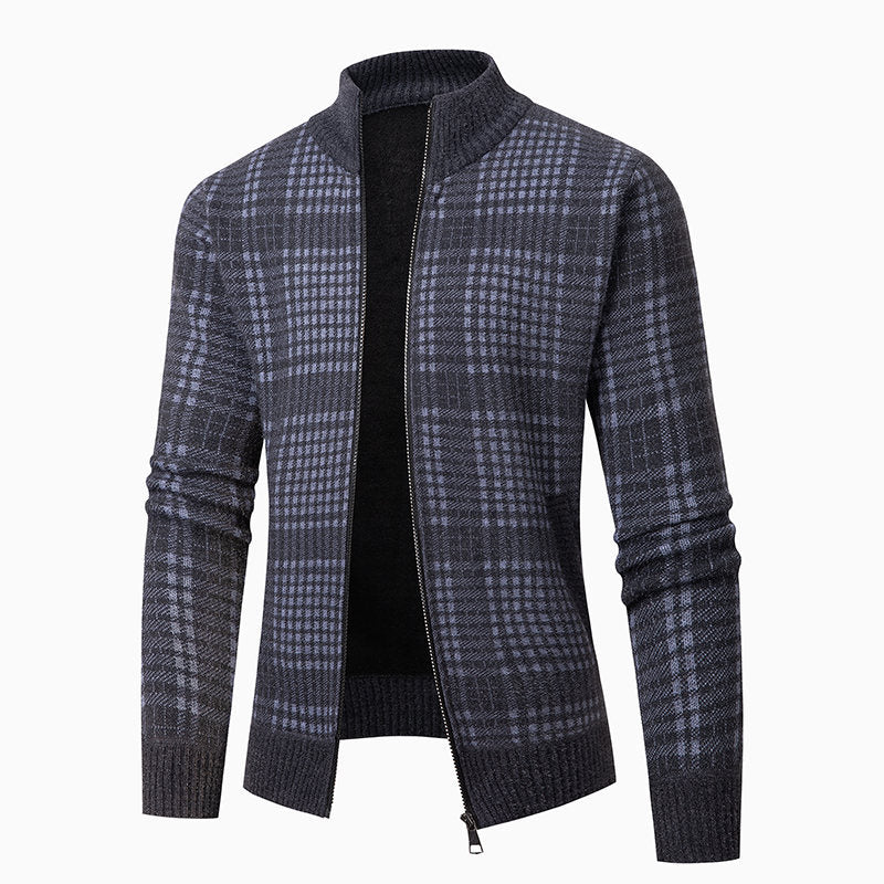 Herren Feinstrick-Zipcardigan mit Glencheck‑Muster, Stehkragen und Zwei‑Wege‑Reißverschluss Nord Taschen