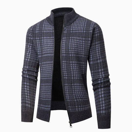 Herren Feinstrick-Zipcardigan mit Glencheck‑Muster, Stehkragen und Zwei‑Wege‑Reißverschluss Nord Taschen