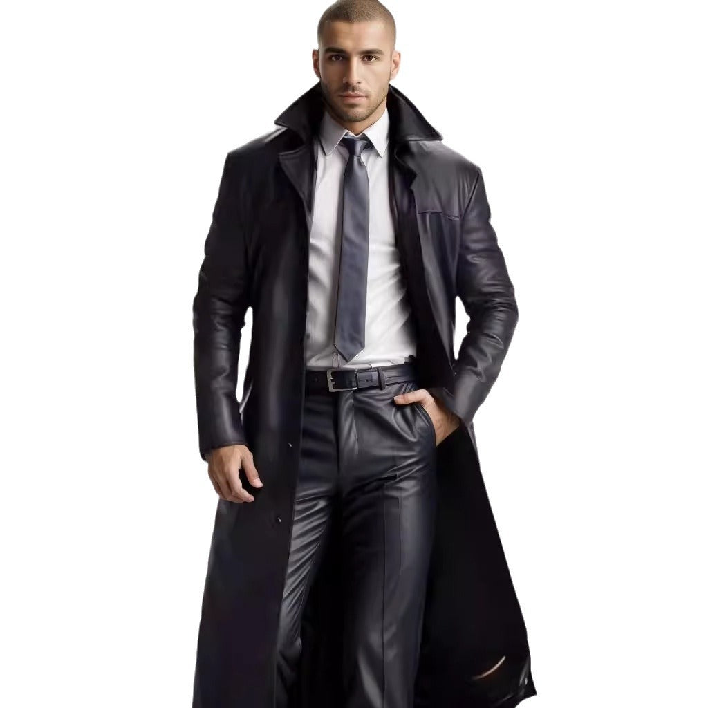 Herren Langer Ledermantel im Trench-Stil mit schmaler Silhouette und Stehkragen Nord Taschen