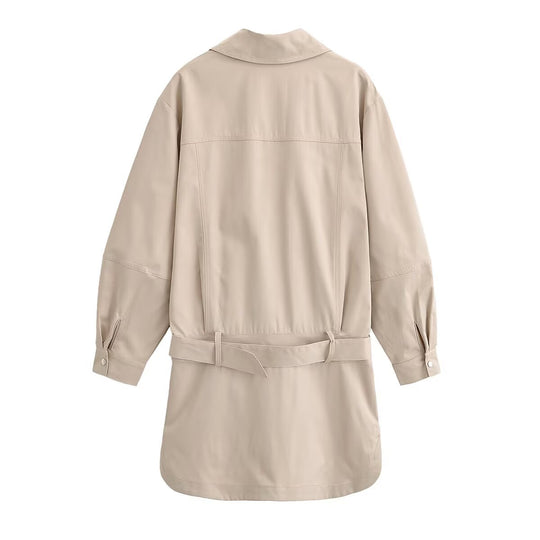 Damen Oversized Hemdblusenjacke mit Taillengürtel und verdeckter Knopfleiste Nord Taschen