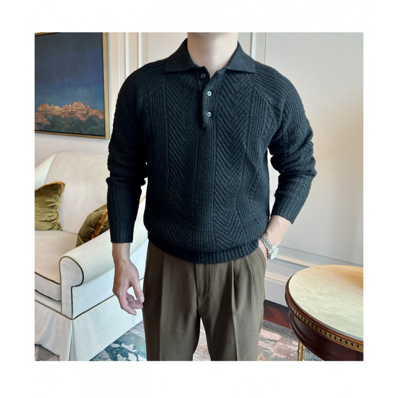 Herren Polokragen-Zopfstrick-Pullover mit halber Knopfleiste Nord Taschen