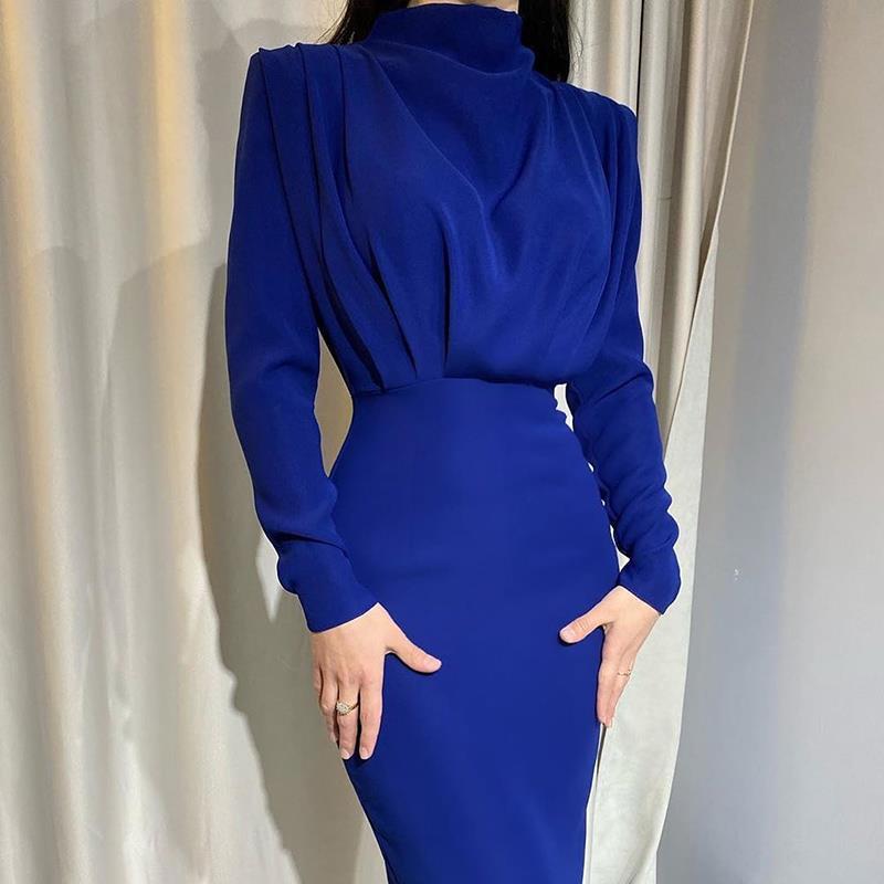 Damen Elegantes Midikleid mit Drapierter Vorderpartie, Hohem Kragen und Tailliertem Bleistiftschnitt Nord Taschen