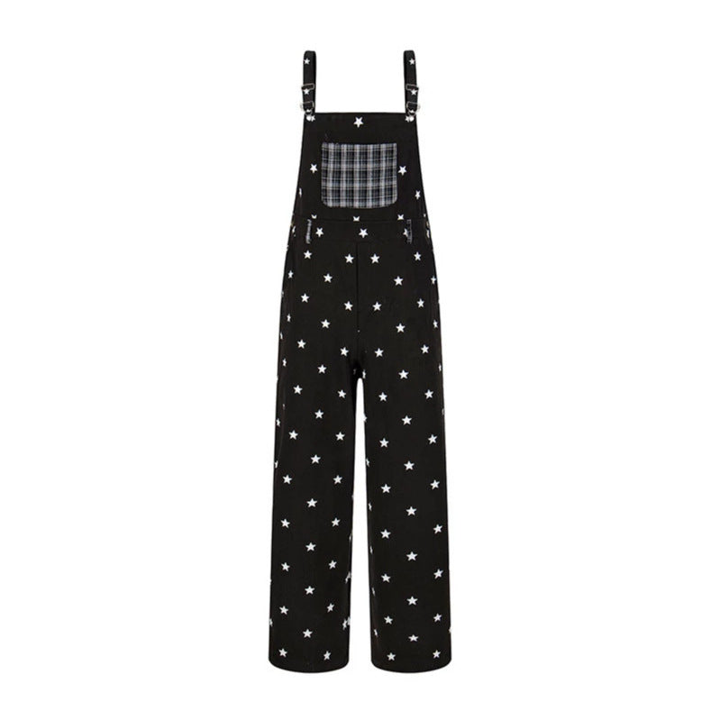 Damen Latzhose im Palazzo‑Schnitt mit Sternen‑Allover und Karopatch Nord Taschen