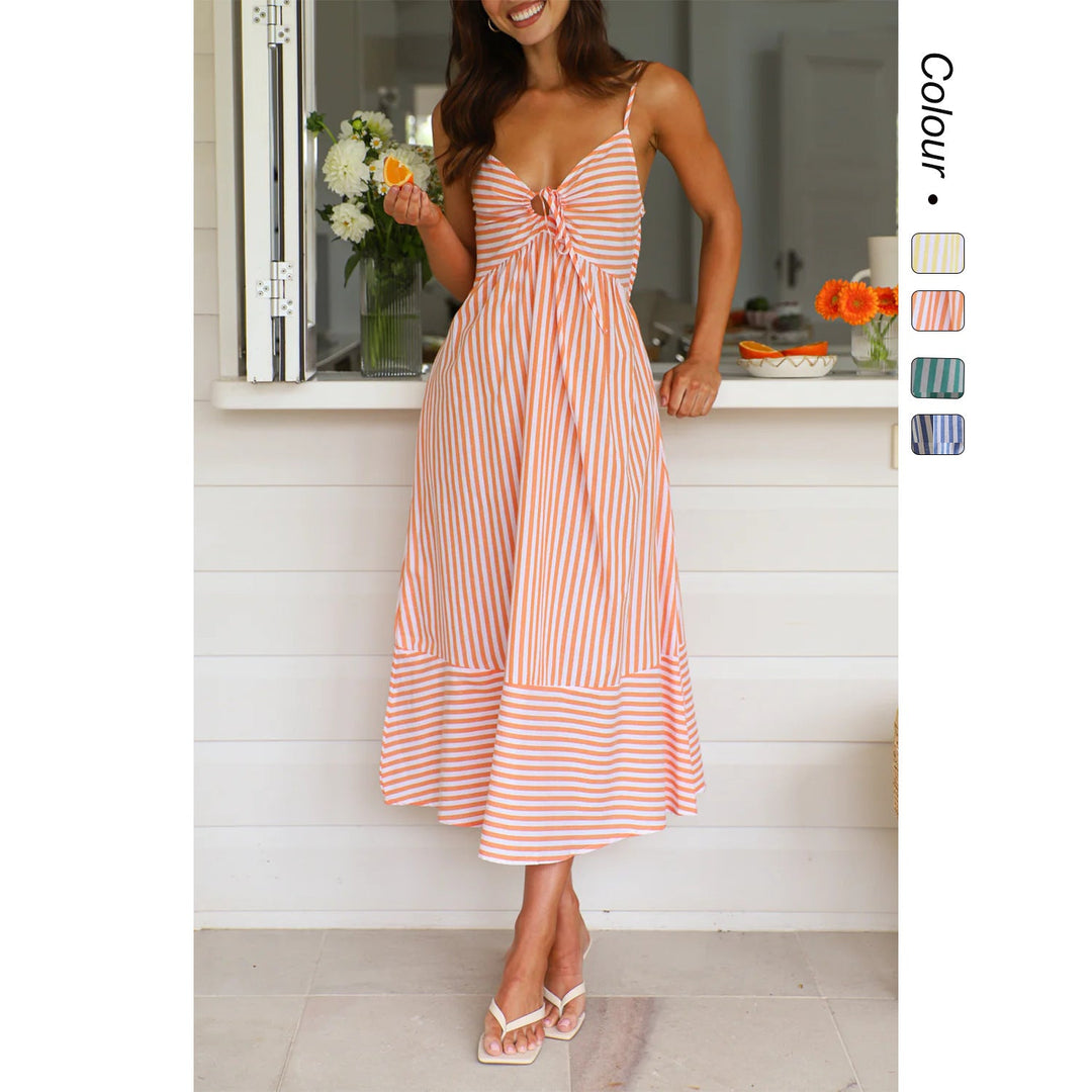 Damen gestreiftes Maxikleid mit verspieltem Oberteil und fließendem Rock