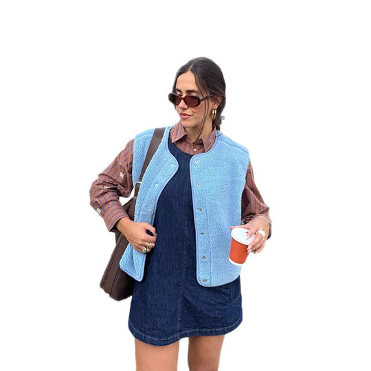 Damen Gefütterte Teddy‑Fleece‑Weste mit Druckknöpfen und abgerundetem Saum Nord Taschen