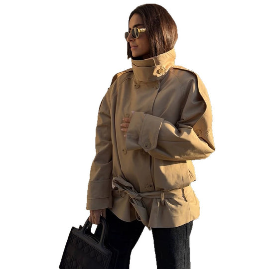 Damen Kurz-Trench mit hohem Stehkragen, doppelreihiger Knopfleiste & Taillengürtel Nord Taschen
