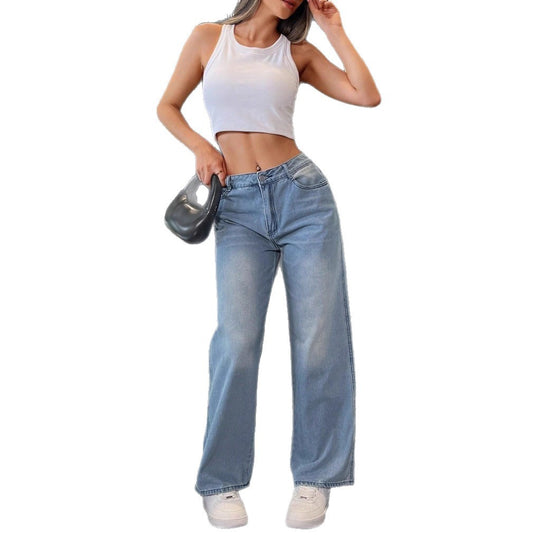 Damen weite Baggy-Jeans im Vintage-Waschung-Look mit tiefem Schritt Nord Taschen