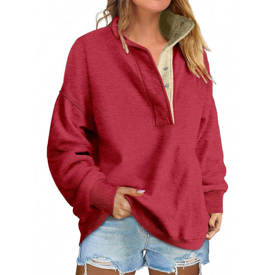 Damen Oversize-Henley-Sweatshirt mit Stehkragen und Druckknopfleiste Nord Taschen