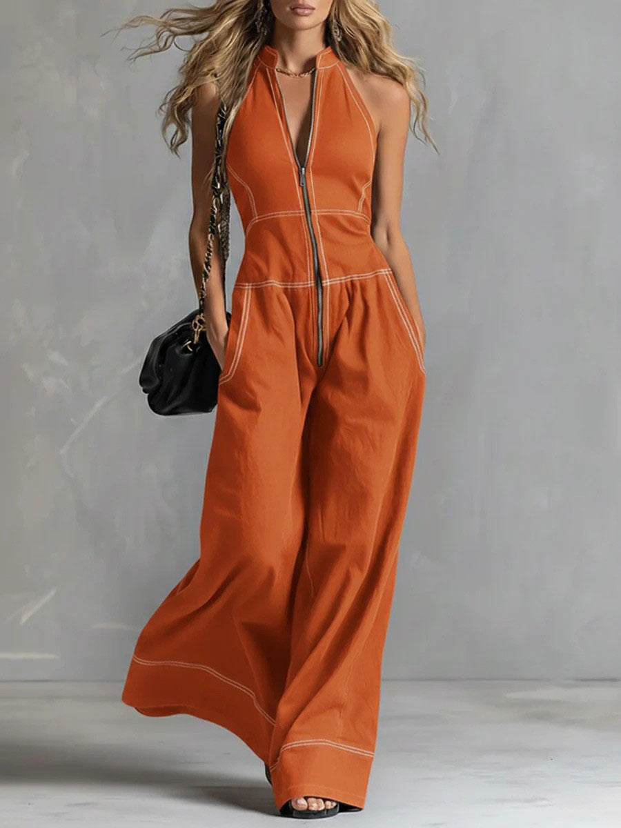 Damen Ärmelloser Halter-Jumpsuit mit Reißverschluss, weitem Bein und Eingrifftaschen Nord Taschen