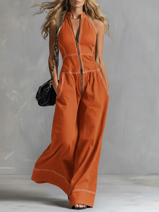 Damen Ärmelloser Halter-Jumpsuit mit Reißverschluss, weitem Bein und Eingrifftaschen Nord Taschen