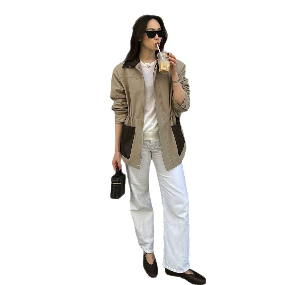 Damen Boxy-Fieldjacke mit kontrastkragen in Lederoptik und aufgesetzten Taschen Nord Taschen