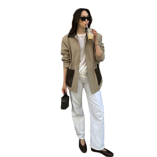 Damen Boxy-Fieldjacke mit kontrastkragen in Lederoptik und aufgesetzten Taschen Nord Taschen