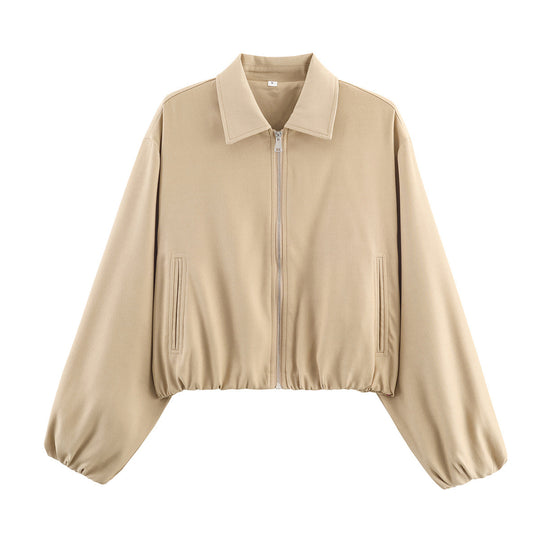Damen Kurzjacke im Harrington‑Stil mit Polka‑Dot‑Muster, Ballonärmeln und elastischem Saum Nord Taschen