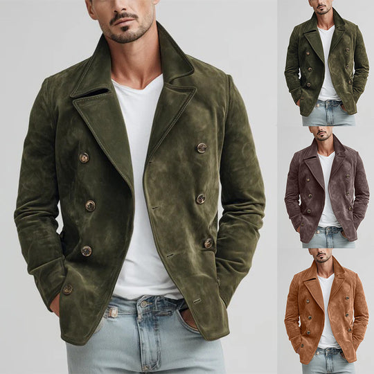 Herren Doppelreihige Velourslederjacke im Kurzmantel-Blouson mit markantem Revers Nord Taschen