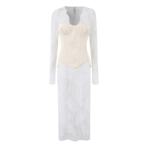 Damen Spitzen‑Maxikleid mit Korsett‑Oberteil und langen Ärmeln Nord Taschen