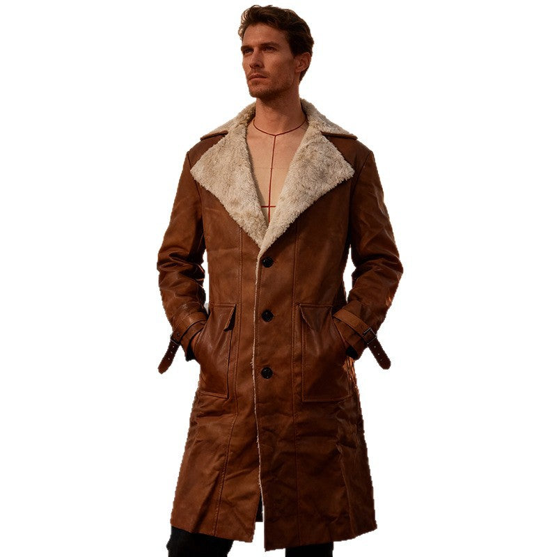 Herren Langer Vintage-Lederimitatmantel mit Teddyfutter und verstellbaren Schnallenmanschetten Nord Taschen