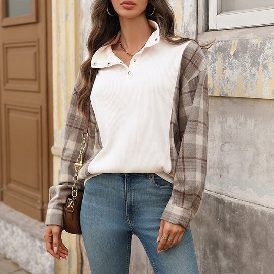 Damen Modische Oversized Bluse mit Karo-Details Nord Taschen
