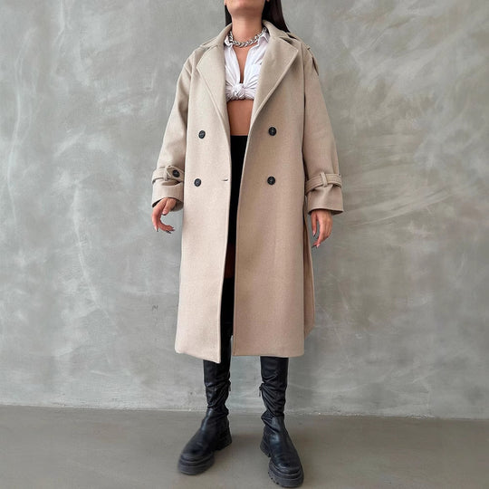 Damen Oversize Wollmix-Mantel mit doppelreihiger Knopfleiste und Taillengürtel Nord Taschen