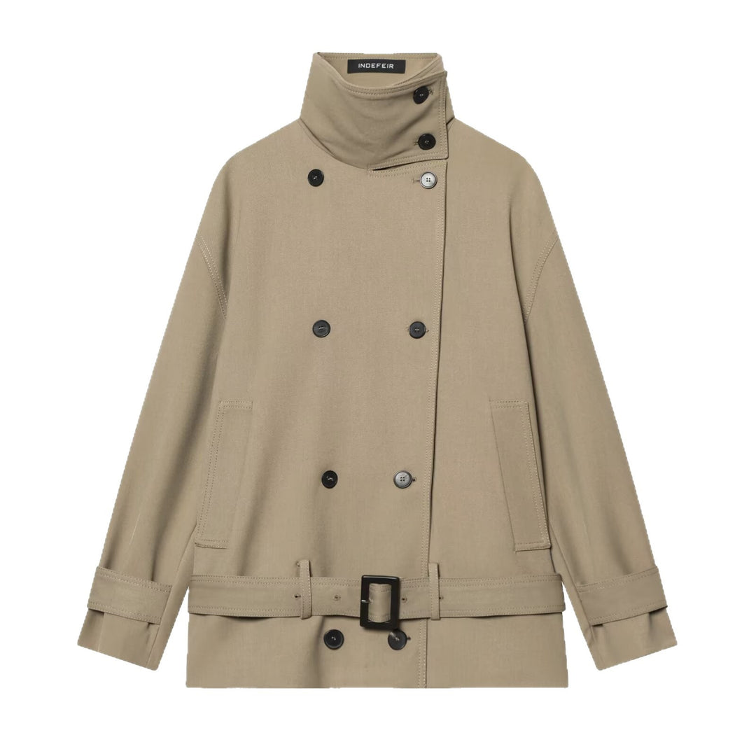 Damen Kurz-Trenchcoat mit doppelreihiger Knopfleiste, Taillengürtel und hohem Stehkragen Nord Taschen