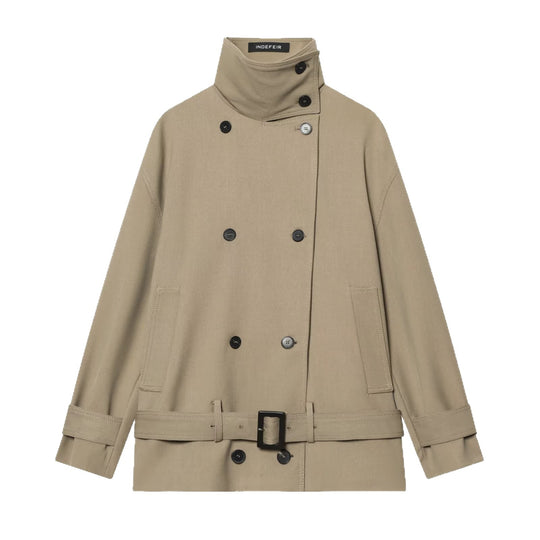 Damen Kurz-Trenchcoat mit doppelreihiger Knopfleiste, Taillengürtel und hohem Stehkragen Nord Taschen