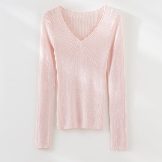 Damen Feiner gerippter Feinstrickpullover mit V-Ausschnitt und taillierter Silhouette Nord Taschen
