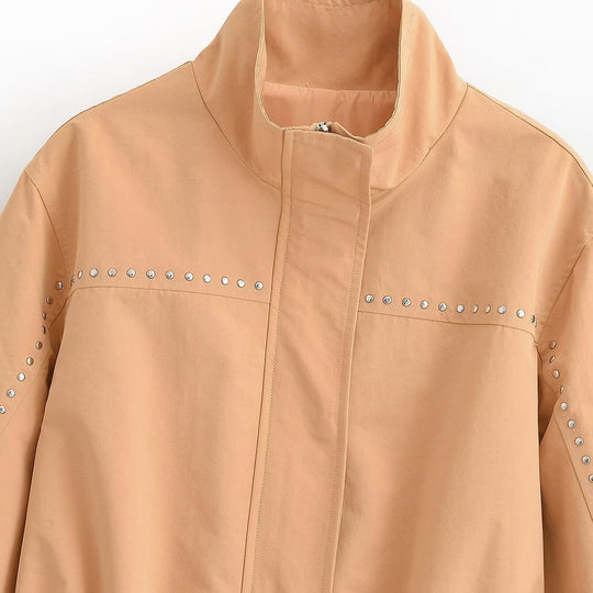 Damen Kurzjacke mit Nietenbesatz, Stehkragen und Taillengürtel Nord Taschen