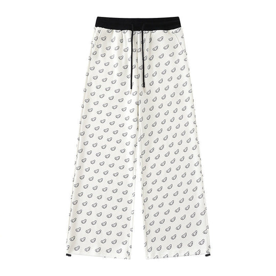 Damen Weite Palazzo-Loungehose mit elastischem Komfortbund, Kordelzug und Allover-Mini-Icon-Print Nord Taschen