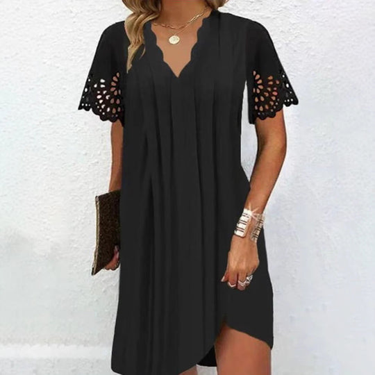 Damen nan leichtes Sommerkleid mit gezacktem V-Ausschnitt Ajourärmeln und geschwungenem Saum