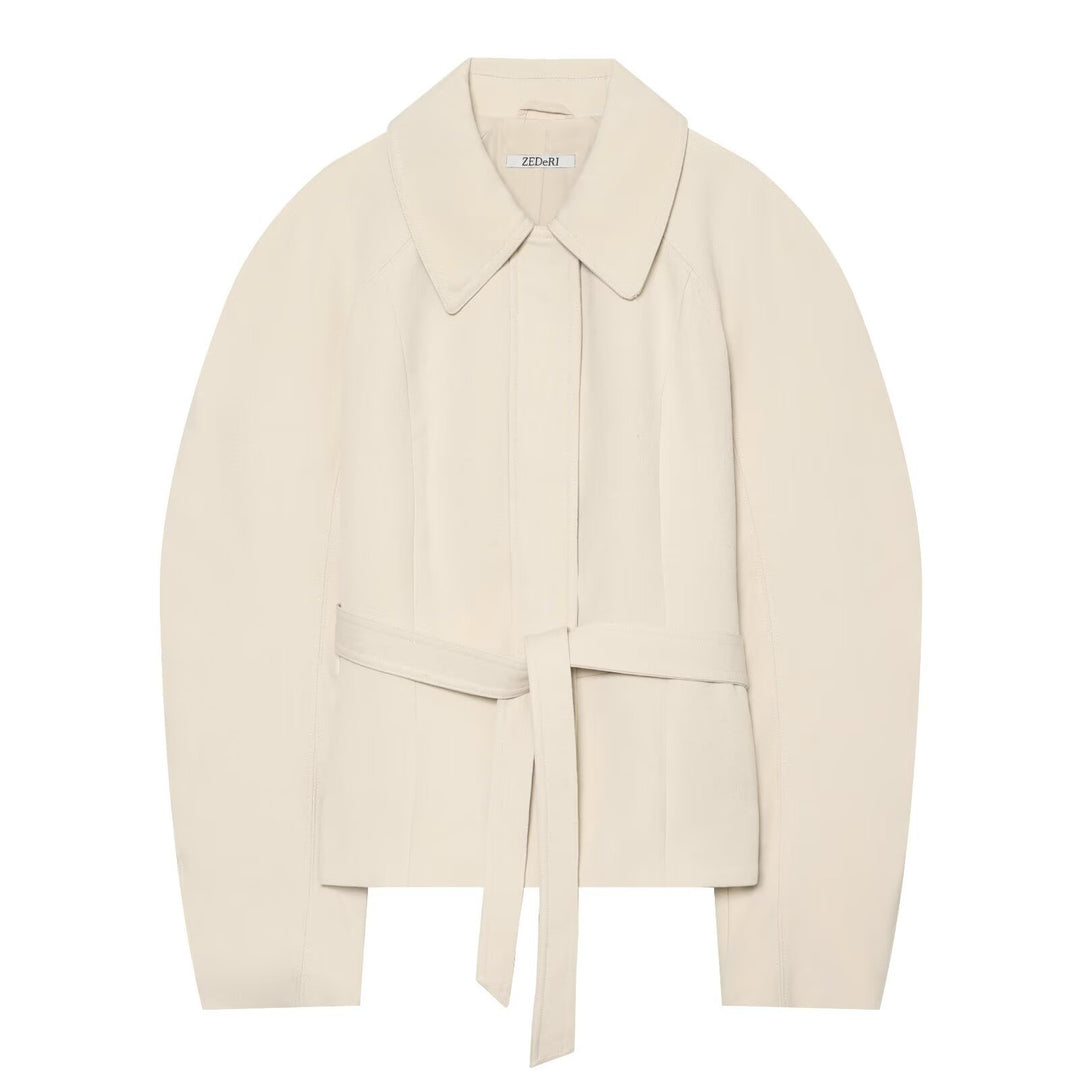 Damen Cropped Jacke im minimalistischen Trenchstil mit breitem Hemdkragen und Bindegürtel Nord Taschen