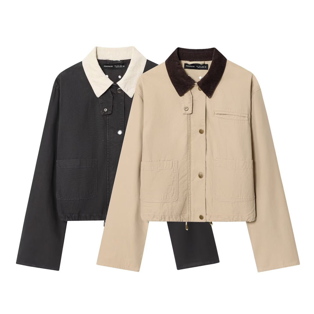 Damen Cropped-Workjacke mit Cordkragen, aufgesetzten Taschen und Tunnelzug Nord Taschen