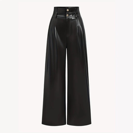 Damen Hochtaillierte Wide‑Leg Kunstlederhose mit Zierknöpfen Nord Taschen