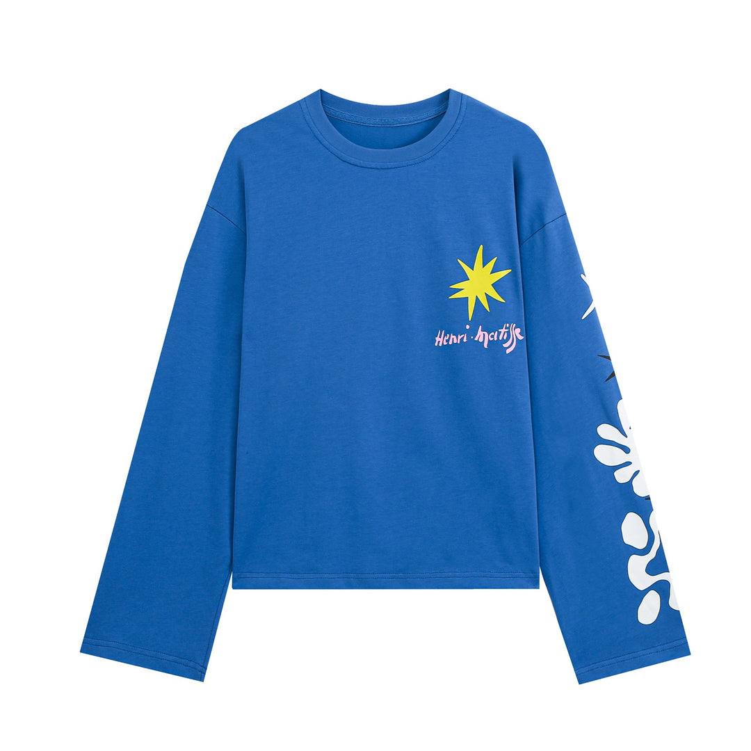 Damen Cropped Oversize‑Langarmshirt mit Grafikprint und Rundhalsausschnitt Nord Taschen