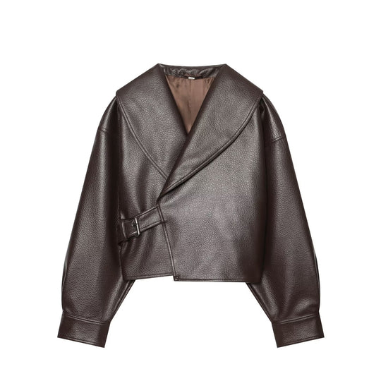 Damen Kurzer Kunstlederblouson mit weitem Schalkragen und Taillenriegel Nord Taschen