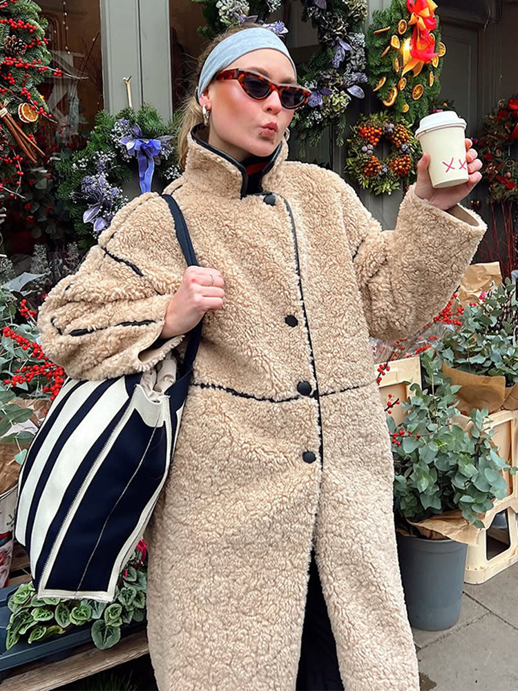 Damen Langer Teddy‑Mantel mit Kontrastnähten, Stehkragen und Knopfleiste Nord Taschen