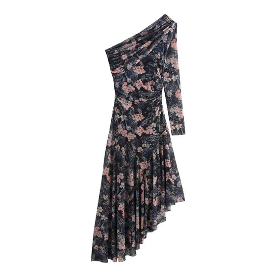 Damen Asymmetrisches One-Shoulder Kleid mit langem Ärmel und Stufenrock Nord Taschen