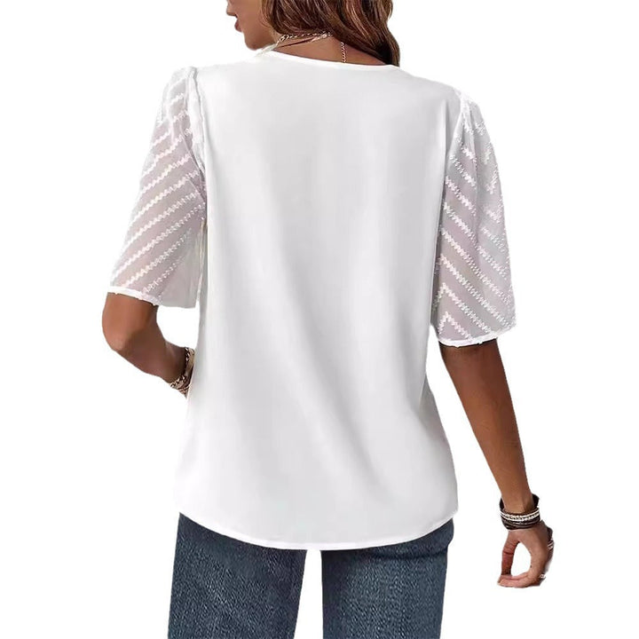 Damen nan elegantes Chiffon-Oberteil mit plissierter V-Passe und transparenten Zickzackärmeln