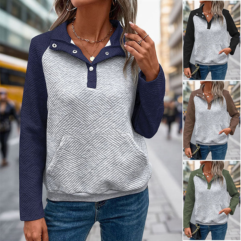 Damen Stepp-Sweatshirt mit Henley-Knopfleiste, Kängurutasche und kontrastierenden Raglanärmeln Nord Taschen