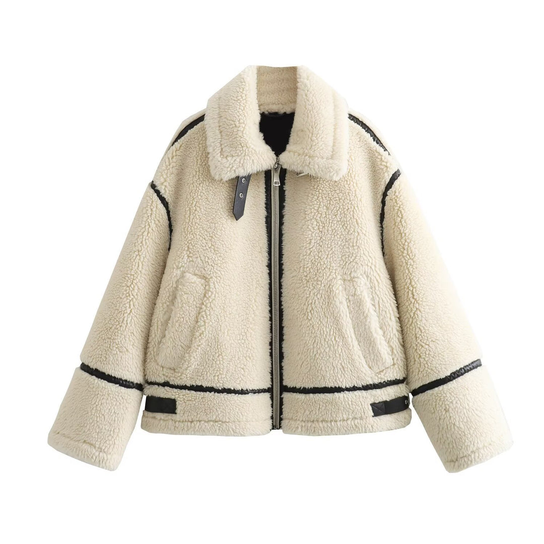 Damen Oversize-Teddyjacke im Aviator-Stil mit Kunstleder-Paspel, Stehkragen und Reißverschluss Nord Taschen