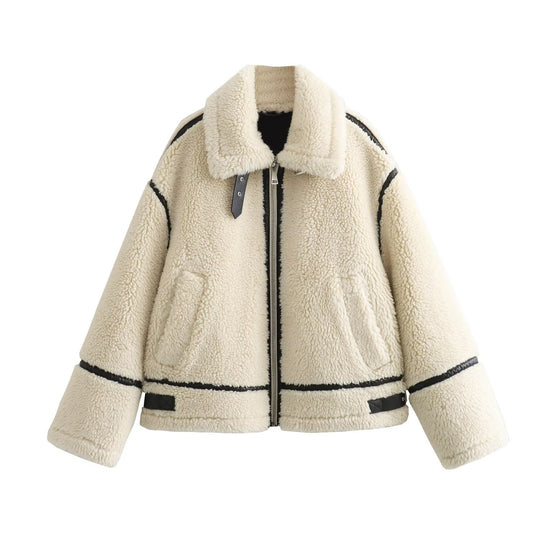 Damen Oversize-Teddyjacke im Aviator-Stil mit Kunstleder-Paspel, Stehkragen und Reißverschluss Nord Taschen