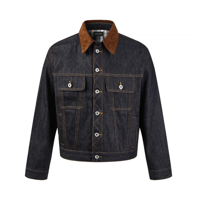 Herren Boxy Denim-Jacke mit Cordkragen und kariertem Futter Nord Taschen