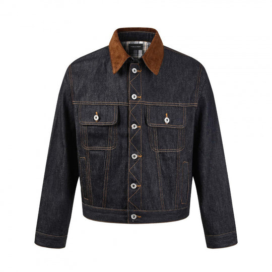 Herren Boxy Denim-Jacke mit Cordkragen und kariertem Futter Nord Taschen